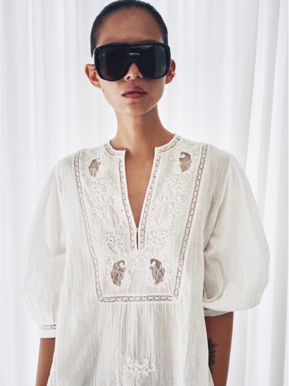 Zara White Embroidered Split-Neck Tunic